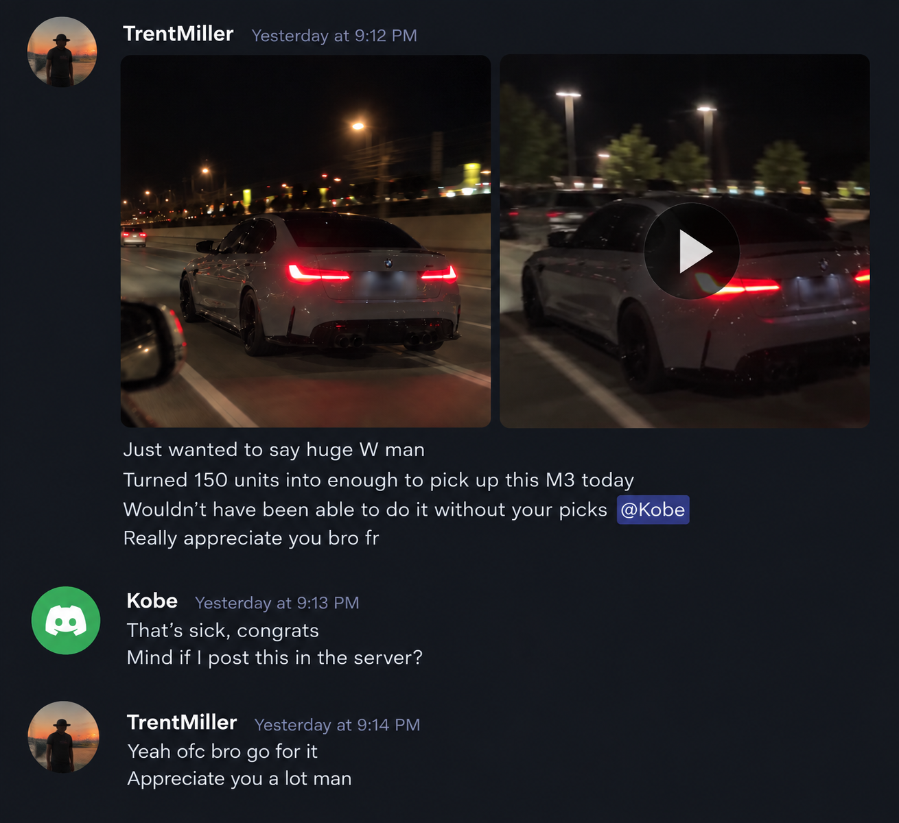 Member-shared car photo and thank-you message