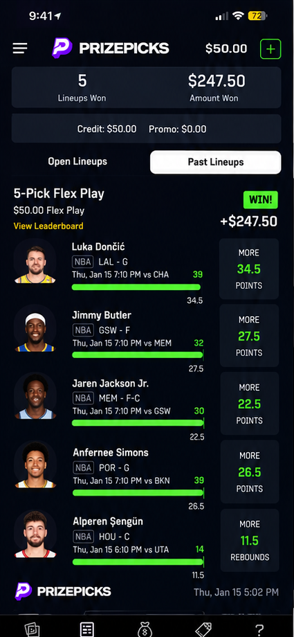 PrizePicks 5-pick betting slip